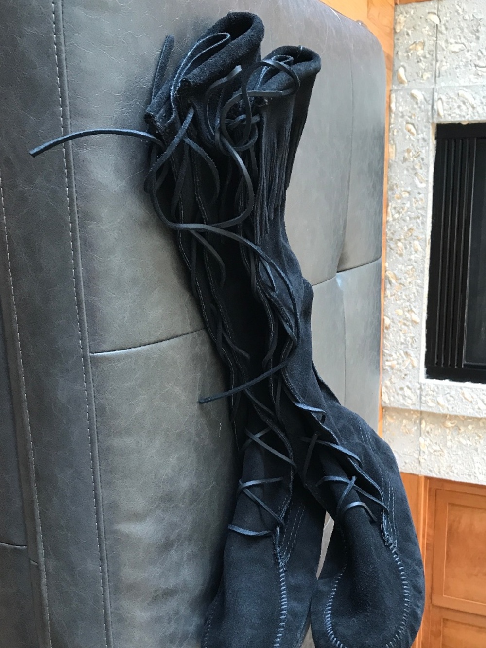 FESTIVAL 🔥 COWBOY CORE 1929 FRINGE KNEE HIGH BLACK SUEDE BOOTS - Picture 12 of 13